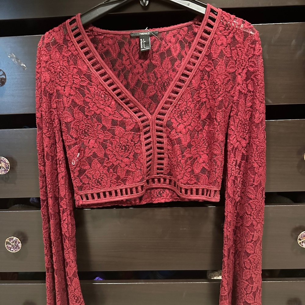 Burgundy Lace Crop Top with Bell Sleeves